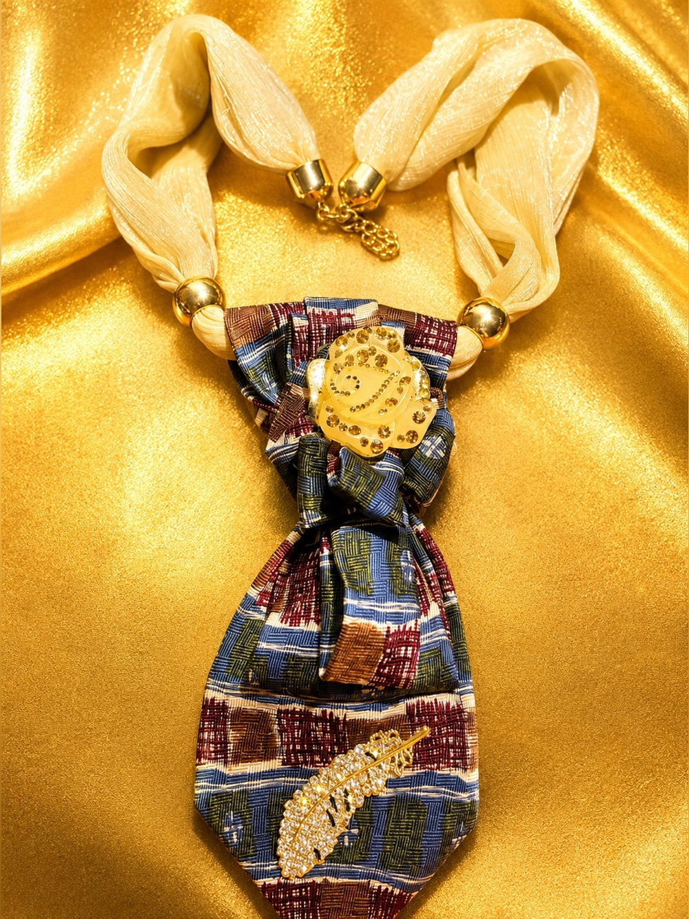 Elegant Multicolor Silk-Style Tie and Scarf with Gold Accents